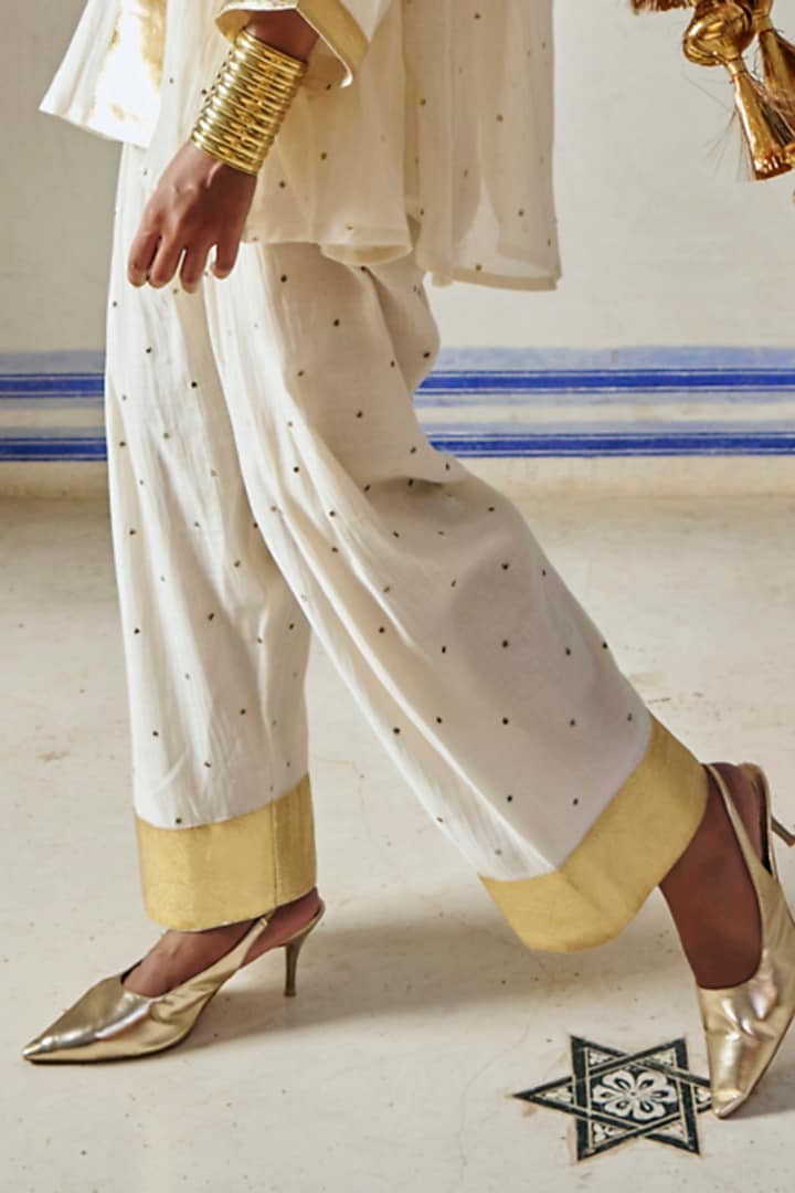 Ivory Chanderi Silk Mukaish Handwork A-Line Kurta Set by PREEVIN at Pernia's Pop Up Shop