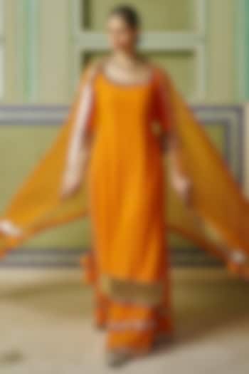 Saffron Chanderi Silk Mukaish Hand Work Party Wear Sharara Set by PREEVIN at Pernia's Pop Up Shop