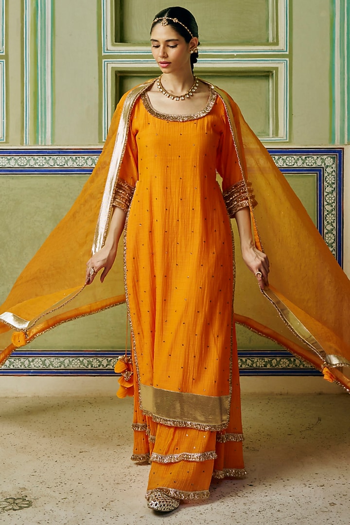 Saffron Chanderi Silk Mukaish Hand Work Party Wear Sharara Set by PREEVIN at Pernia's Pop Up Shop