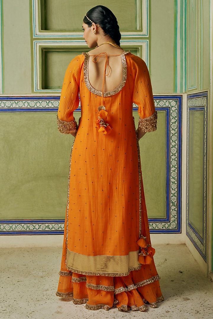 Saffron Chanderi Silk Mukaish Hand Work Party Wear Sharara Set by PREEVIN at Pernia's Pop Up Shop