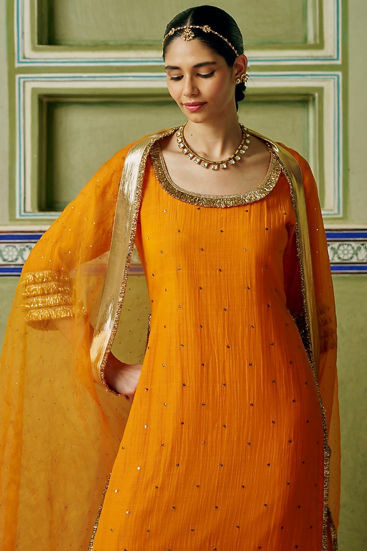 Saffron Chanderi Silk Mukaish Hand Work Party Wear Sharara Set by PREEVIN at Pernia's Pop Up Shop
