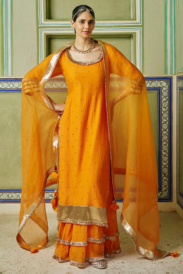 Saffron Chanderi Silk Mukaish Hand Work Party Wear Sharara Set by PREEVIN at Pernia's Pop Up Shop