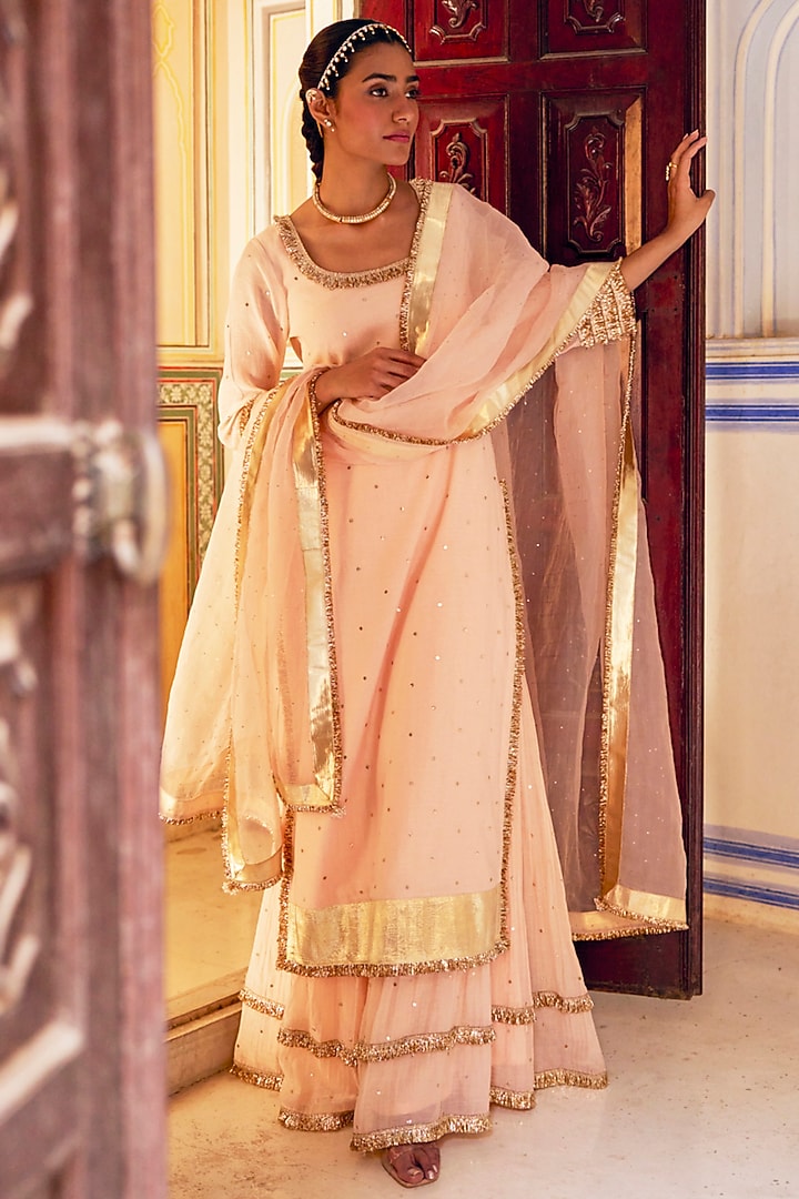 Vintage Blush Chanderi Silk Mukaish Hand Work Party Wear Sharara Set by PREEVIN at Pernia's Pop Up Shop
