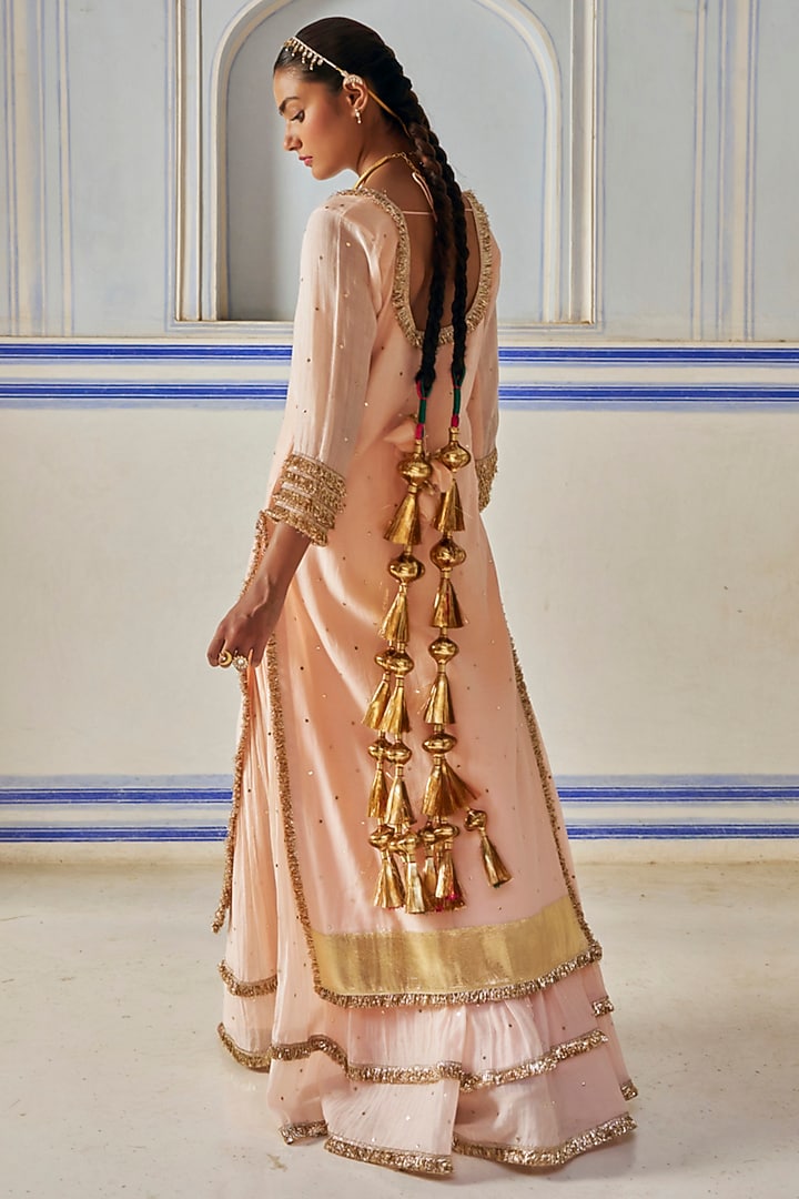 Vintage Blush Chanderi Silk Mukaish Hand Work Party Wear Sharara Set by PREEVIN at Pernia's Pop Up Shop