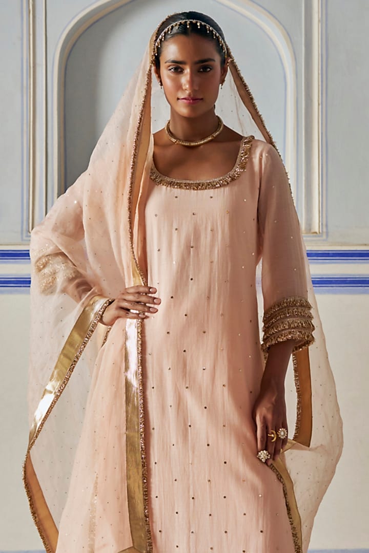 Vintage Blush Chanderi Silk Mukaish Hand Work Party Wear Sharara Set by PREEVIN at Pernia's Pop Up Shop