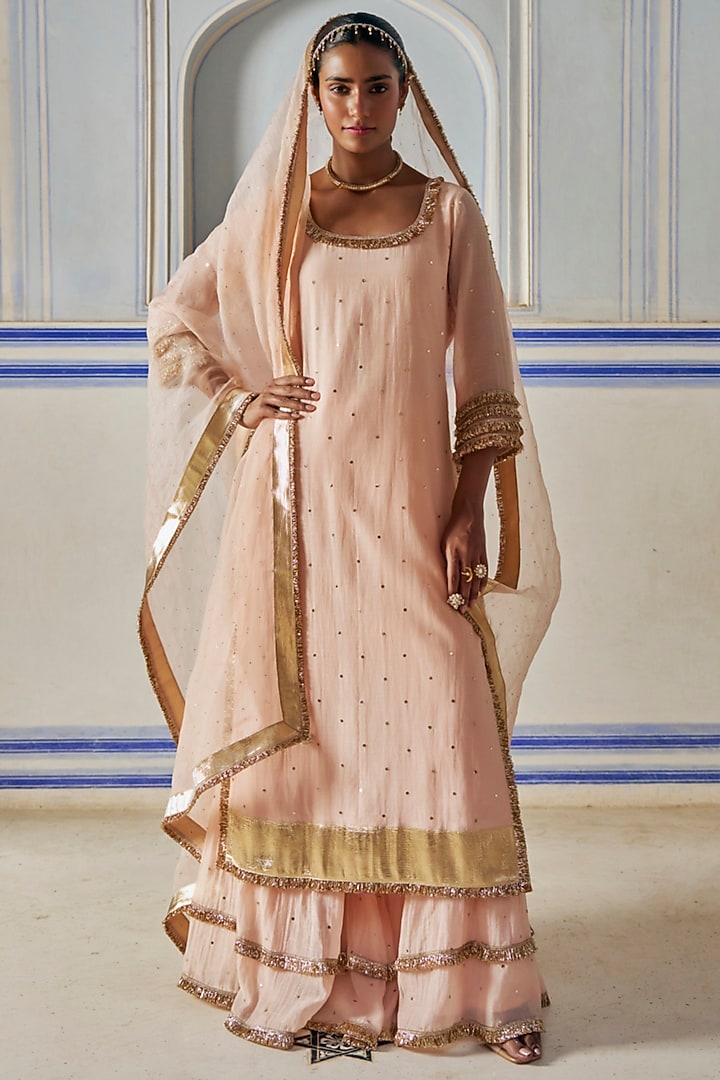 Vintage Blush Chanderi Silk Mukaish Hand Work Party Wear Sharara Set by PREEVIN at Pernia's Pop Up Shop