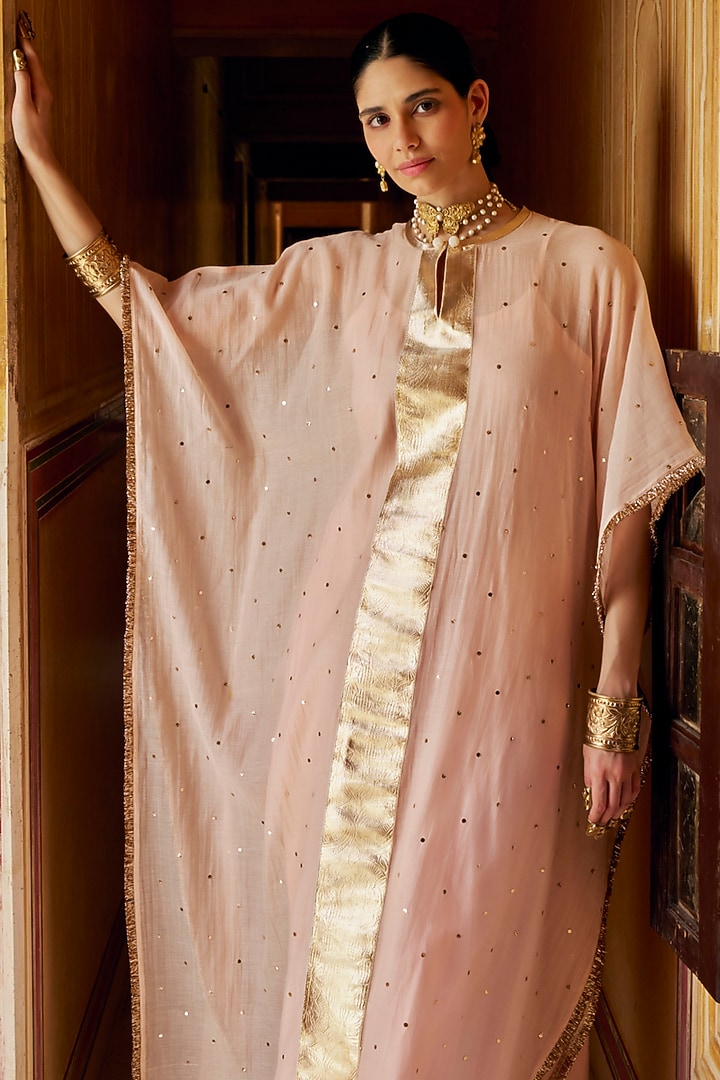 Vintage Blush Chanderi Silk Mukaish Handwork Kaftan Set by PREEVIN at Pernia's Pop Up Shop
