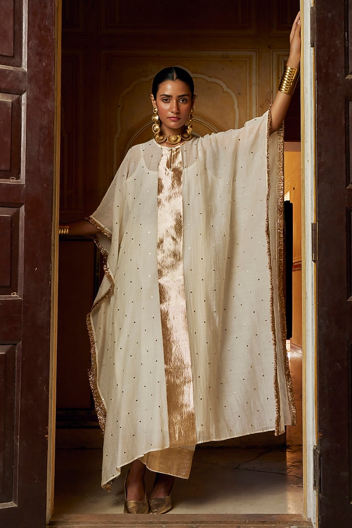 Ivory Chanderi Silk Mukaish Handwork Kaftan Set by PREEVIN at Pernia's Pop Up Shop