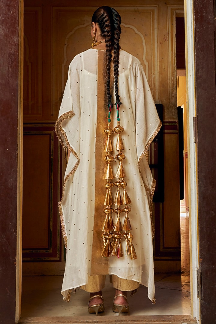 Ivory Chanderi Silk Mukaish Handwork Kaftan Set by PREEVIN at Pernia's Pop Up Shop