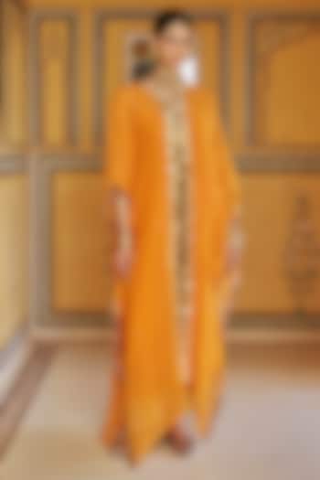 Saffron Chanderi Silk Mukaish Handwork Kaftan Set by PREEVIN at Pernia's Pop Up Shop