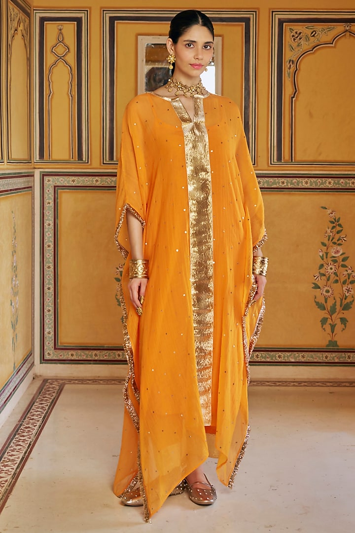 Saffron Chanderi Silk Mukaish Handwork Kaftan Set by PREEVIN at Pernia's Pop Up Shop