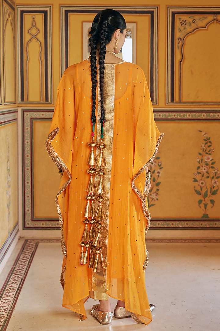 Saffron Chanderi Silk Mukaish Handwork Kaftan Set by PREEVIN at Pernia's Pop Up Shop