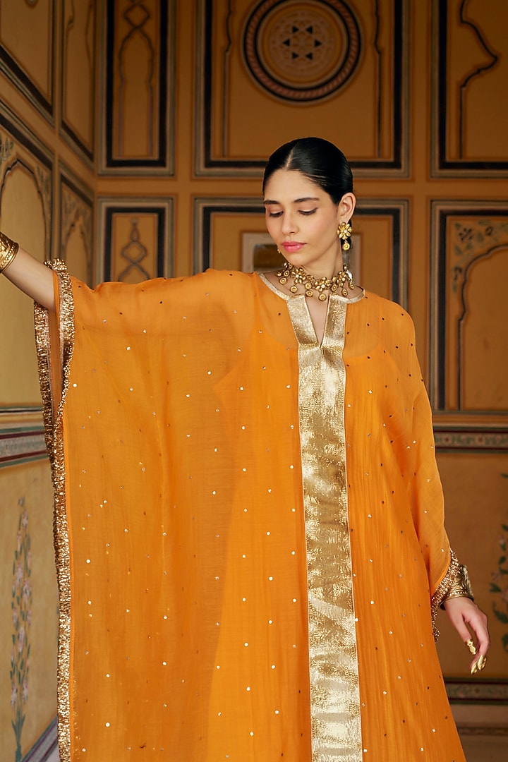 Saffron Chanderi Silk Mukaish Handwork Kaftan Set by PREEVIN at Pernia's Pop Up Shop