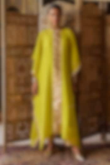 Citron Green Chanderi Silk Mukaish Handwork Kaftan Set by PREEVIN at Pernia's Pop Up Shop