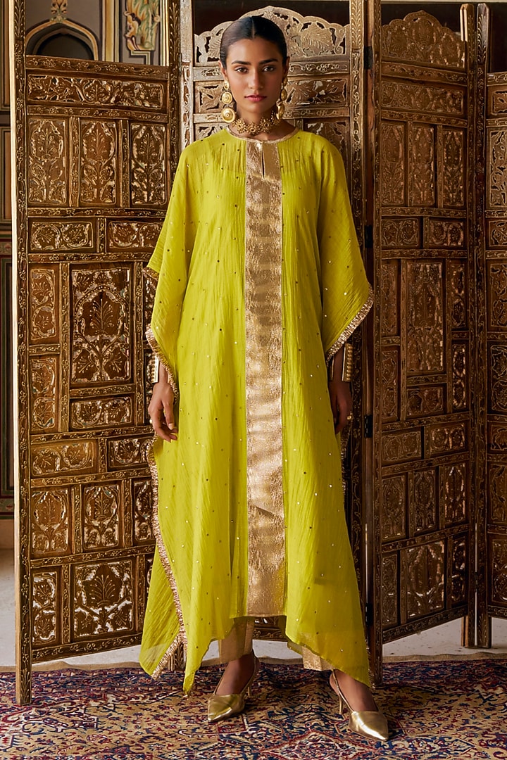 Citron Green Chanderi Silk Mukaish Handwork Kaftan Set by PREEVIN at Pernia's Pop Up Shop