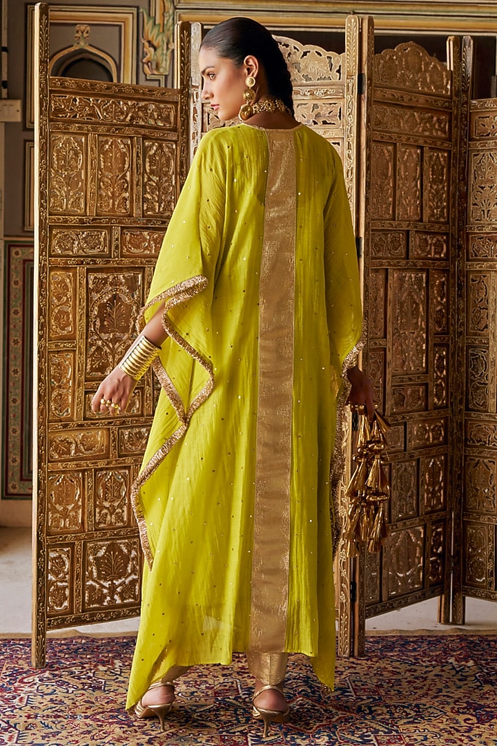 Citron Green Chanderi Silk Mukaish Handwork Kaftan Set by PREEVIN at Pernia's Pop Up Shop
