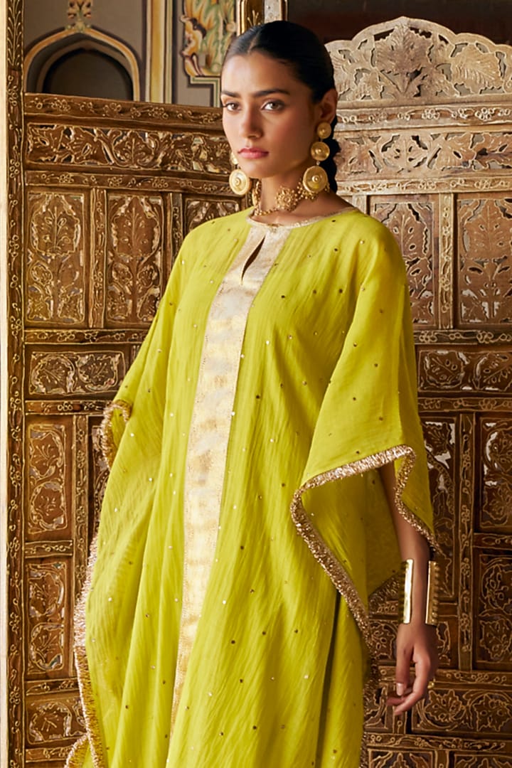 Citron Green Chanderi Silk Mukaish Handwork Kaftan Set by PREEVIN at Pernia's Pop Up Shop