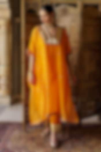 Saffron Chanderi Silk Mukaish Handwork Kaftan Set by PREEVIN at Pernia's Pop Up Shop