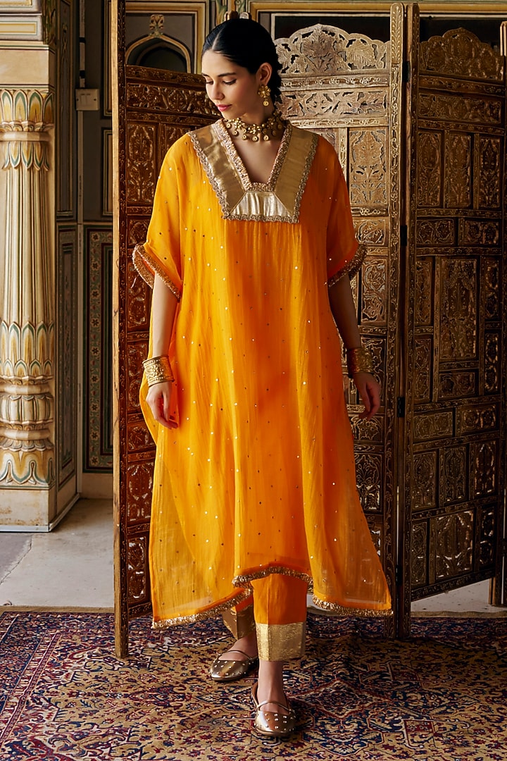 Saffron Chanderi Silk Mukaish Handwork Kaftan Set by PREEVIN at Pernia's Pop Up Shop