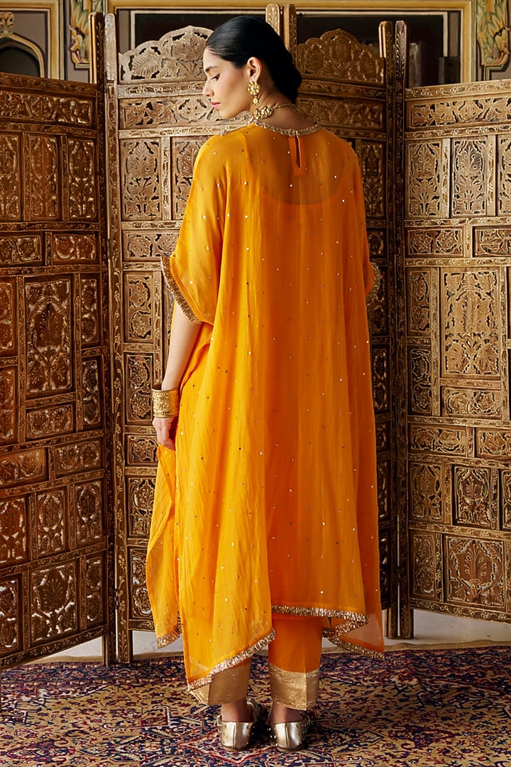 Saffron Chanderi Silk Mukaish Handwork Kaftan Set by PREEVIN at Pernia's Pop Up Shop