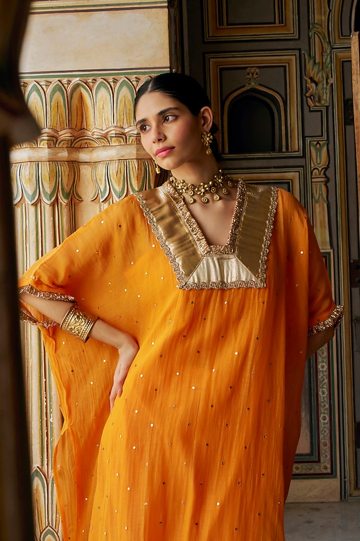 Saffron Chanderi Silk Mukaish Handwork Kaftan Set by PREEVIN at Pernia's Pop Up Shop