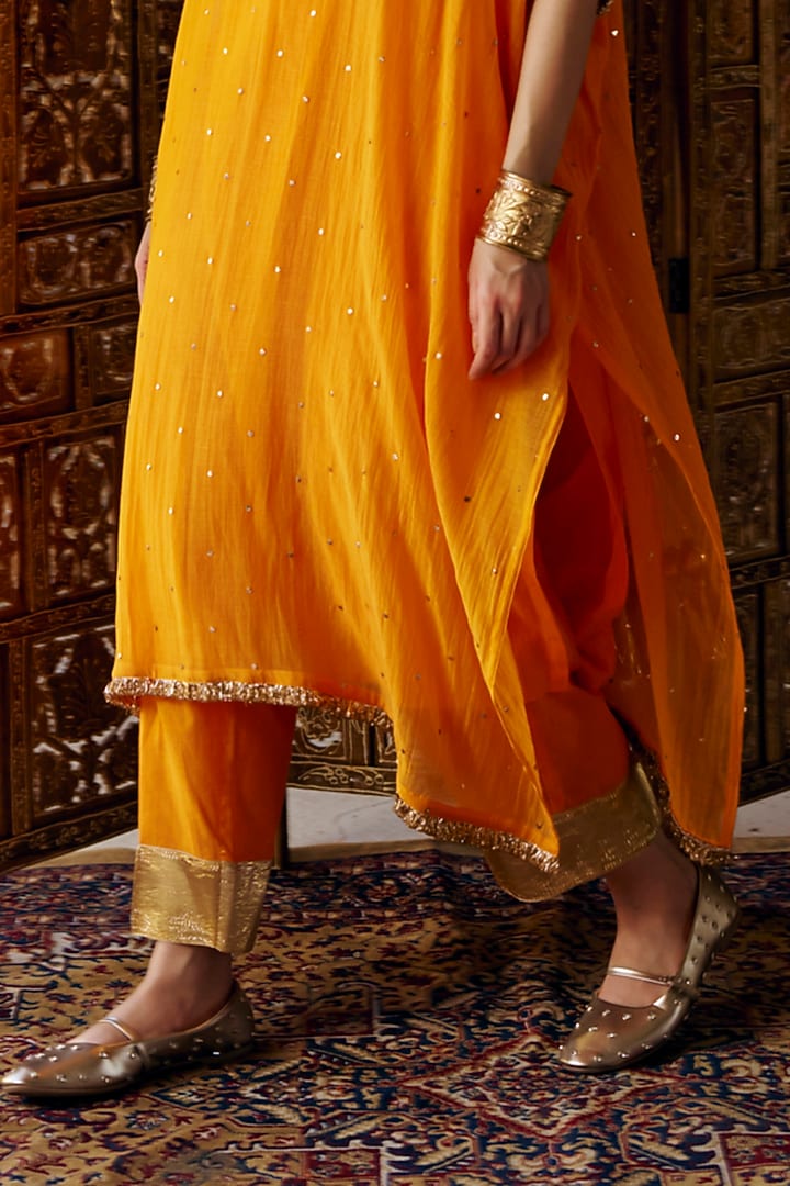 Saffron Chanderi Silk Mukaish Handwork Kaftan Set by PREEVIN at Pernia's Pop Up Shop