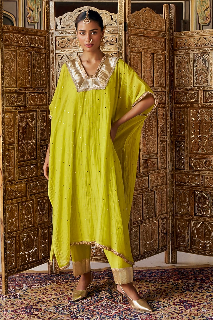 Citron green Chanderi Silk Mukaish Handwork Kaftan Set by PREEVIN at Pernia's Pop Up Shop