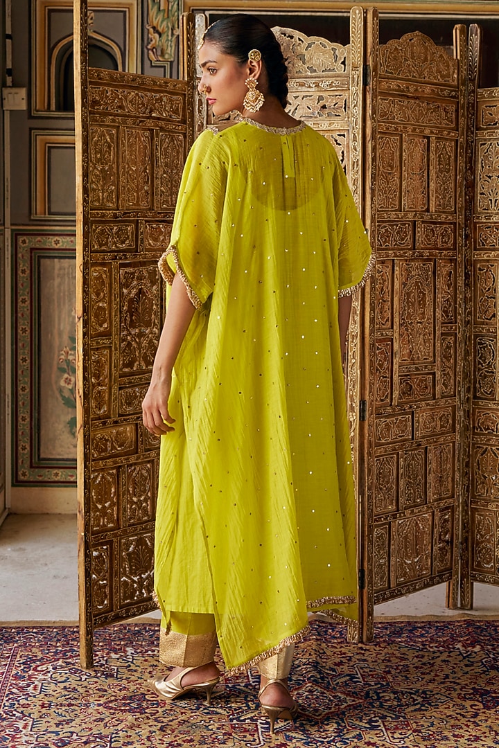 Citron green Chanderi Silk Mukaish Handwork Kaftan Set by PREEVIN at Pernia's Pop Up Shop