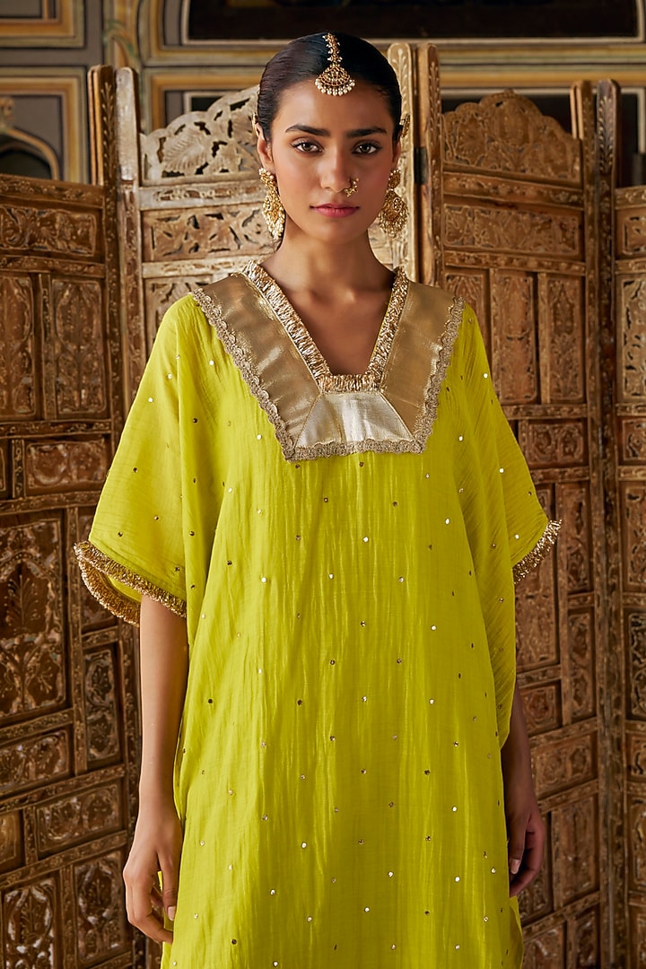 Citron green Chanderi Silk Mukaish Handwork Kaftan Set by PREEVIN at Pernia's Pop Up Shop
