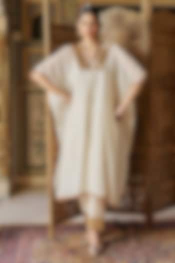 Ivory Chanderi Silk Mukaish Handwork Kaftan Set by PREEVIN at Pernia's Pop Up Shop