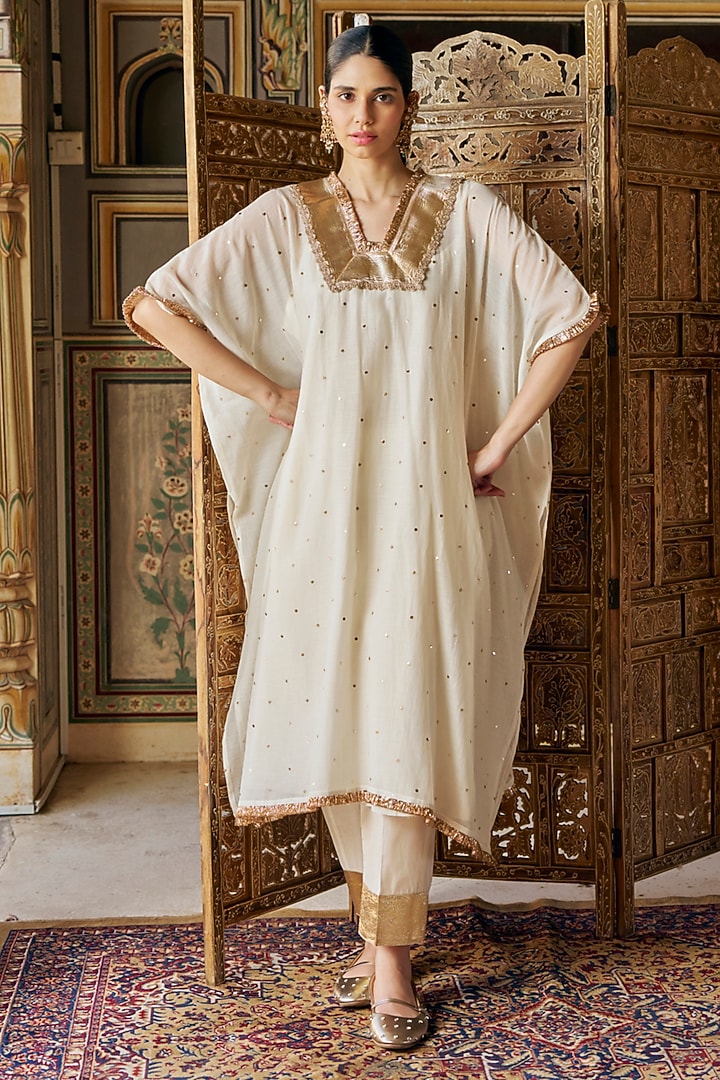 Ivory Chanderi Silk Mukaish Handwork Kaftan Set by PREEVIN at Pernia's Pop Up Shop