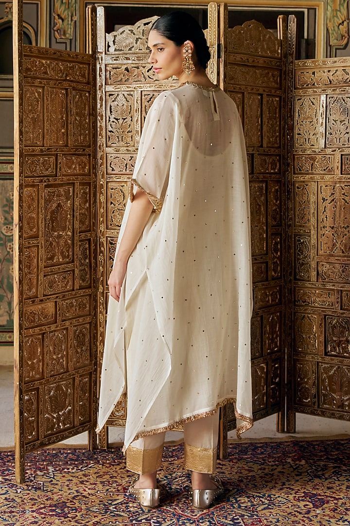 Ivory Chanderi Silk Mukaish Handwork Kaftan Set by PREEVIN at Pernia's Pop Up Shop