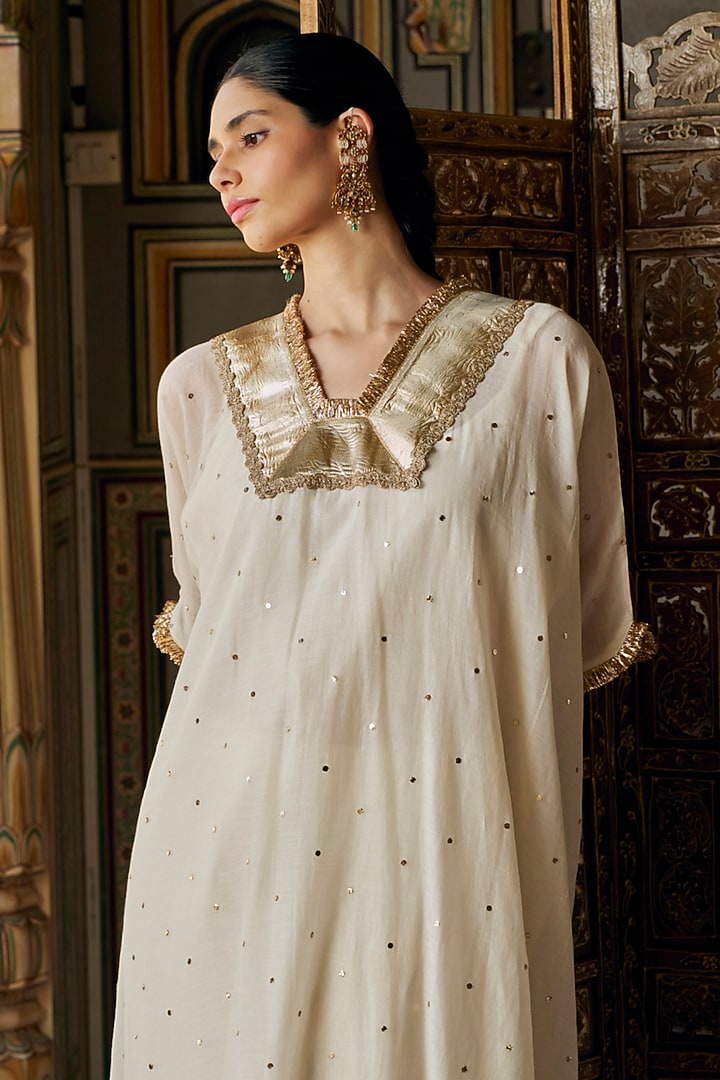 Ivory Chanderi Silk Mukaish Handwork Kaftan Set by PREEVIN at Pernia's Pop Up Shop
