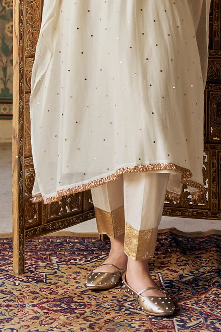 Ivory Chanderi Silk Mukaish Handwork Kaftan Set by PREEVIN at Pernia's Pop Up Shop