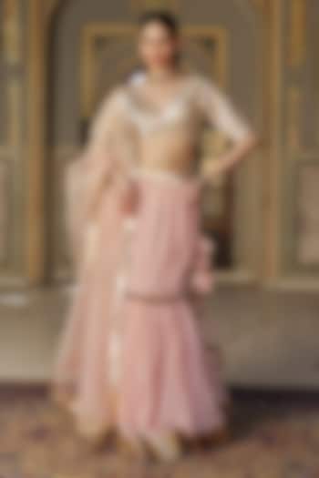 Vintage Blush Chanderi Silk Mukaish Handwork Fish-Cut Wedding Lehenga Set by PREEVIN at Pernia's Pop Up Shop