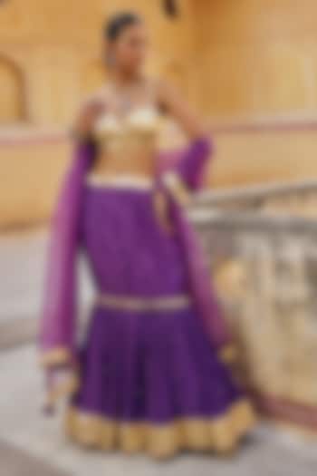 Imperial Purple Chanderi Silk Mukaish Handwork Fish-Cut Lehenga Set by PREEVIN at Pernia's Pop Up Shop