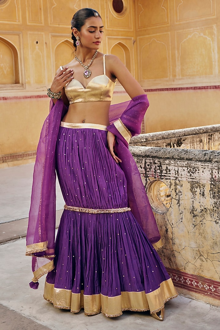 Imperial Purple Chanderi Silk Mukaish Handwork Fish-Cut Lehenga Set by PREEVIN at Pernia's Pop Up Shop