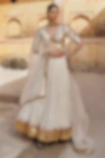 Ivory Chanderi Silk Mukaish Handwork Wedding Lehenga Set by PREEVIN at Pernia's Pop Up Shop