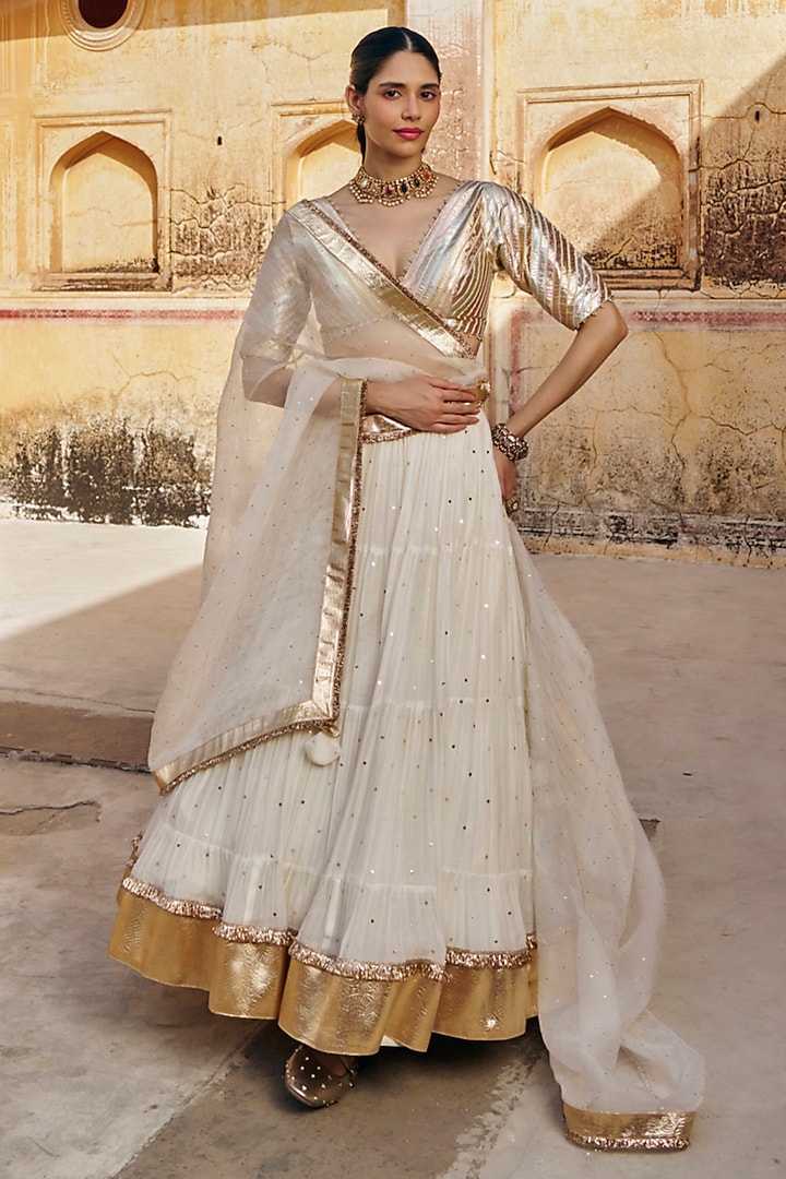Ivory Chanderi Silk Mukaish Handwork Wedding Lehenga Set by PREEVIN at Pernia's Pop Up Shop