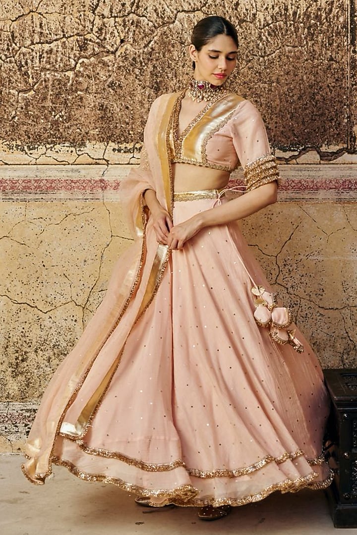Vintage Blush Chanderi Silk Zari Mukaish Work Wedding Lehenga Set by PREEVIN at Pernia's Pop Up Shop