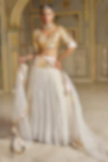 Ivory Chanderi Silk Zari Mukaish Work Wedding Lehenga Set by PREEVIN at Pernia's Pop Up Shop