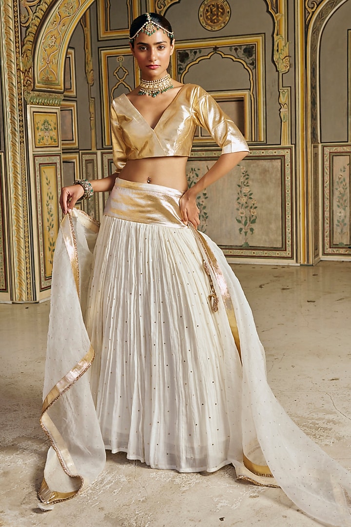 Ivory Chanderi Silk Zari Mukaish Work Wedding Lehenga Set by PREEVIN at Pernia's Pop Up Shop