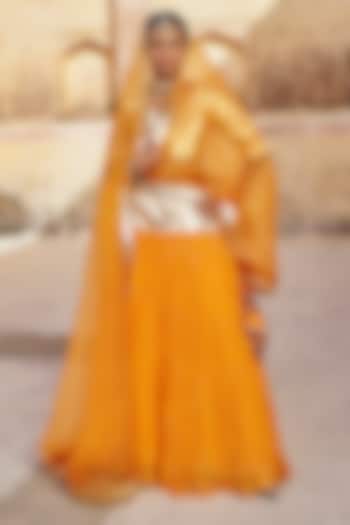 Saffron Chanderi Silk Zari Mukaish Work Wedding Lehenga Set by PREEVIN at Pernia's Pop Up Shop