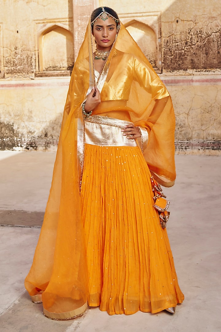 Saffron Chanderi Silk Zari Mukaish Work Wedding Lehenga Set by PREEVIN at Pernia's Pop Up Shop