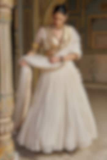 Ivory Chanderi Silk Zari Mukaish Work Wedding Lehenga Set by PREEVIN at Pernia's Pop Up Shop