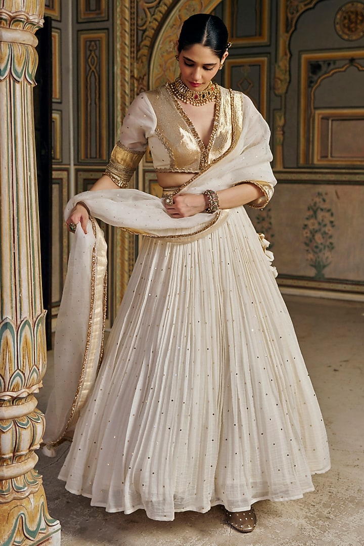 Ivory Chanderi Silk Zari Mukaish Work Wedding Lehenga Set by PREEVIN at Pernia's Pop Up Shop