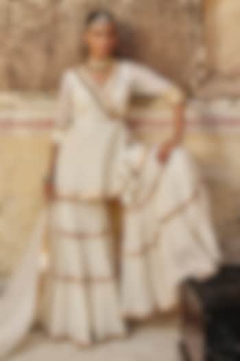Ivory Chanderi Silk Mukaish Hand Work Party Wear Sharara Set by PREEVIN at Pernia's Pop Up Shop