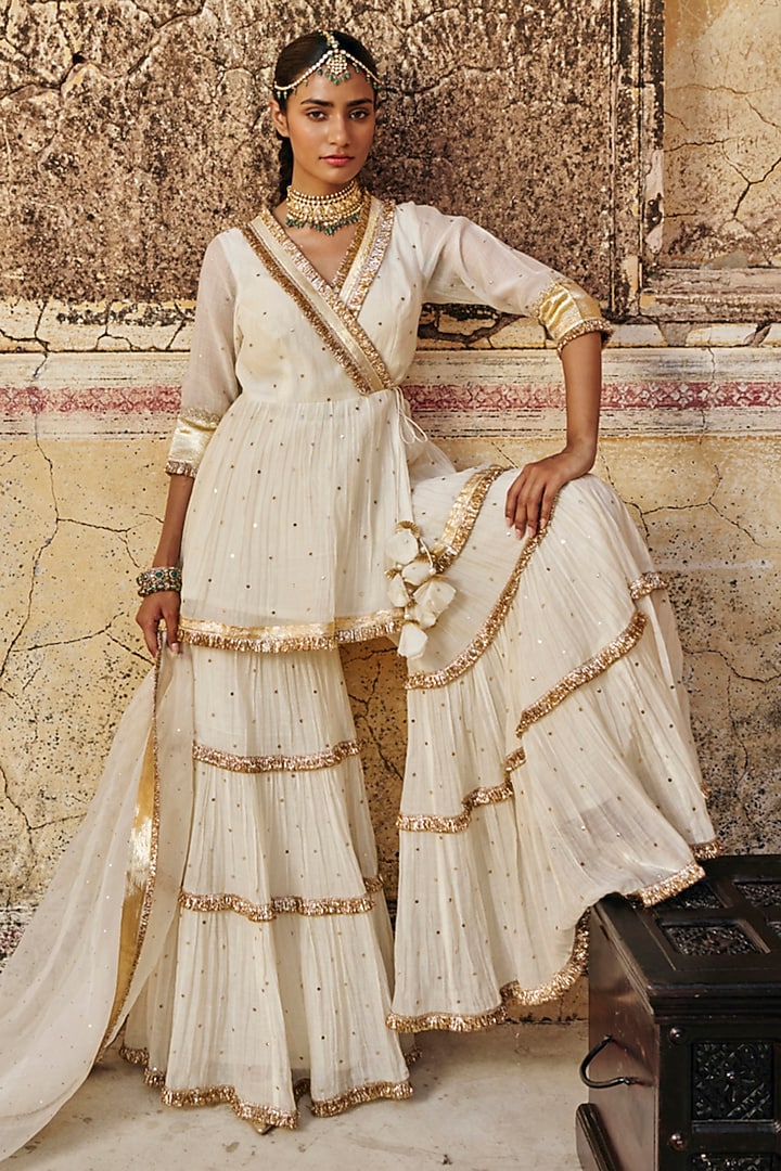Ivory Chanderi Silk Mukaish Hand Work Party Wear Sharara Set by PREEVIN at Pernia's Pop Up Shop
