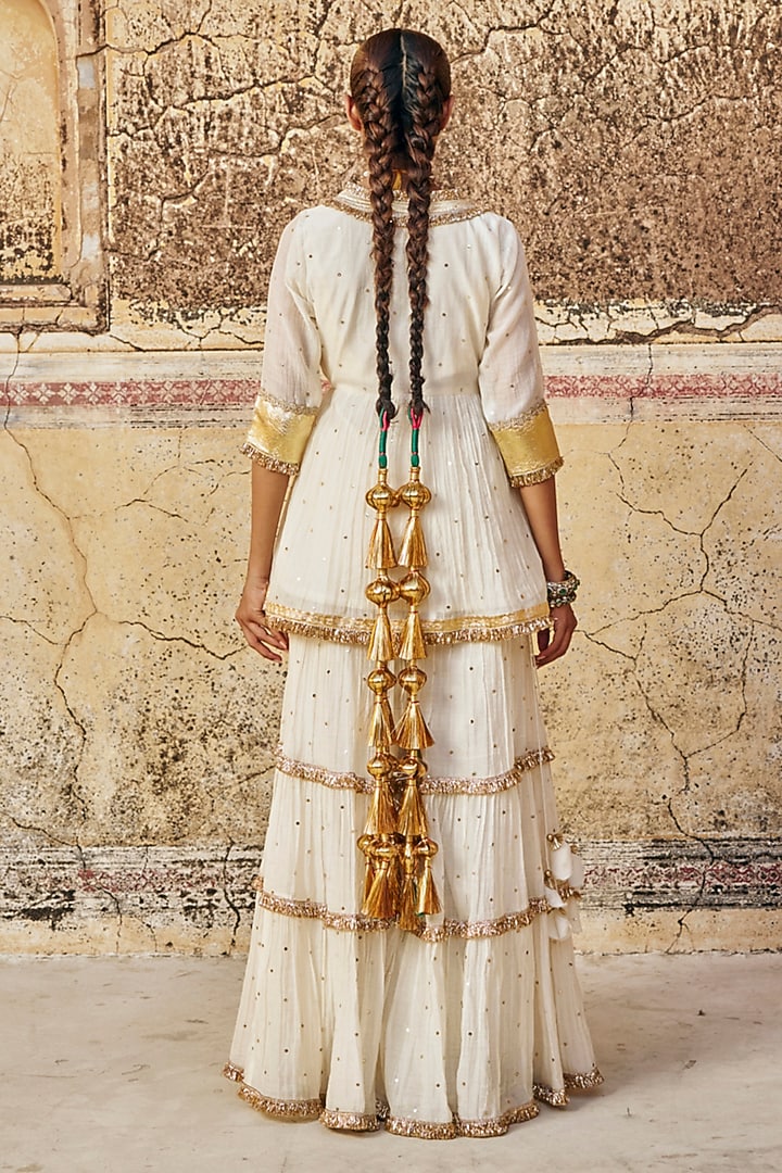 Ivory Chanderi Silk Mukaish Hand Work Party Wear Sharara Set by PREEVIN at Pernia's Pop Up Shop