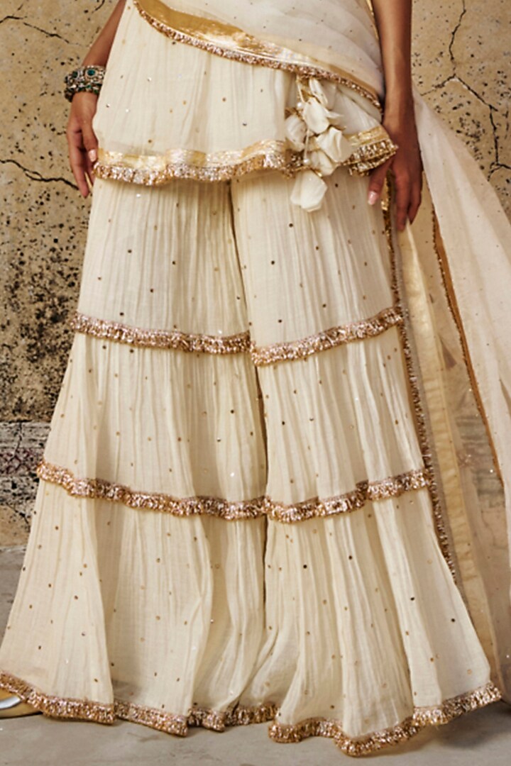 Ivory Chanderi Silk Mukaish Hand Work Party Wear Sharara Set by PREEVIN at Pernia's Pop Up Shop